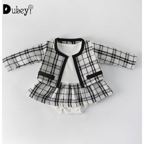 Designer Brand Girls Romper with Coat Baby Girl Clothes Set Plaid Kids Girls Clothes Outfits Infant Girl Outfit Set