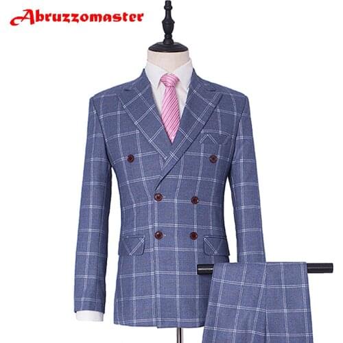 Double Breasted Dinner Suit blue Wedding suit woolblend Blazer Plaid Suit 2020 Groom Tuxedos (Jacket+pants )