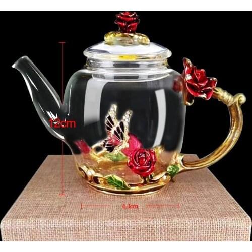 Elegant Enameled Crystal Glass Rose heat-resistant Tea pot kitchen Accessories Wedding Gifts Water Teapot Pitchers Drinkware