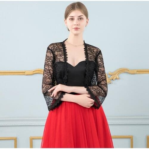 Elegant Women Black Lace Jacket for Wedding Dress Long Sleeve Appliqued Boleros Evening Party Wraps