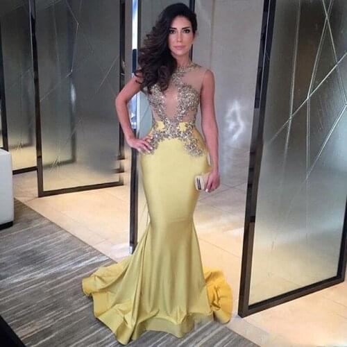Graceful Yellow Mermaid Prom Dresses 2017 Long Sheer Bodice Appliqued Evening Party Dresses Sleeveless Ballkleider Formal Gowns