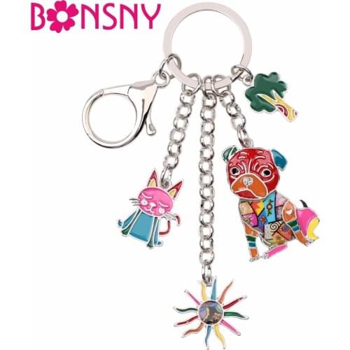 Bonsny Enamel Metal Cat Sunflower Cabbage Pug Dog Key Chain Keychains Rings For Women Girls Gifts Novelty Jewelry Bag Car Charms
