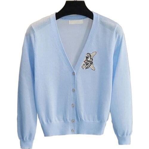 Spring Summer Ice Silk Knit Hollow Out Female Cardigan 2021 Cute Cat Embroidery V Neck Thin Cardigan Jacket Sun Shade Coat New