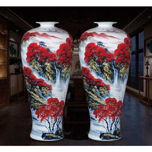 85CM Jingdezhen Ceramic Vase Landing Decoration Home Decoration Chinese Red Hand Painted Pastel Landscapes large porcelain vase