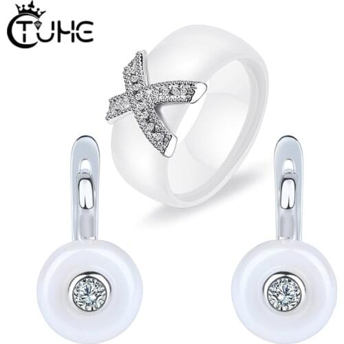 8mm X Cross Rings And Stud Earrings for Women Fashion Healthy Jewelry Never Fade Smooth Ceramic Jewelry Set for Wedding Party