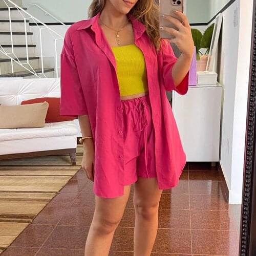 Simplee Casual lace up short sleeve summer set women Loose solid button two-piece short sets Elastic waist lapel two pieces suit