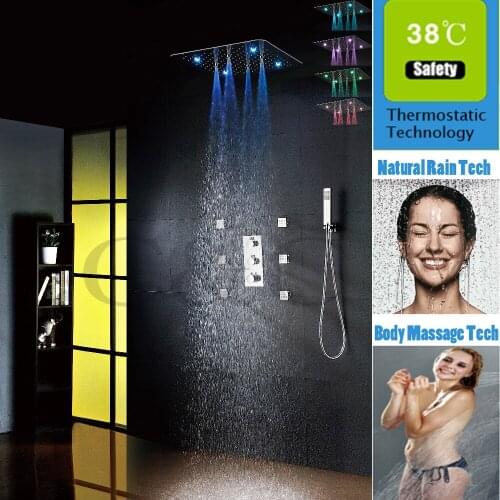 Thermostat Bathroom Shower Set 20 Inch Two Functions Spraying And Rainfall LED Shower Head And 6 Pcs Body Massage Spray Jets