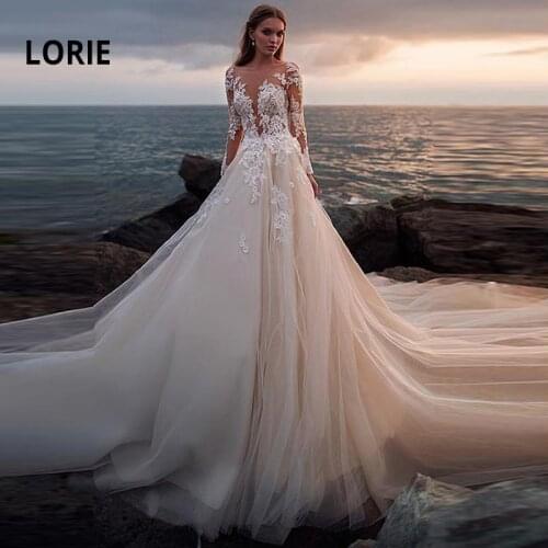 LORIE Lace Wedding Dresses 2019 Illusion Long Sleeve Long Train Lace With Appliques vestido de casamento Whith Ivory Bride Dress