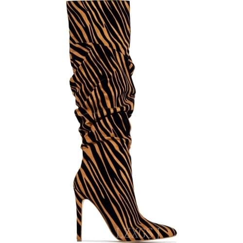 2022 Thigh High Heel knee High Women Shoes Boots Stretch Sexy Ladies Leopard Pleated Leather Pointed Toe Fashion Botines Mujer