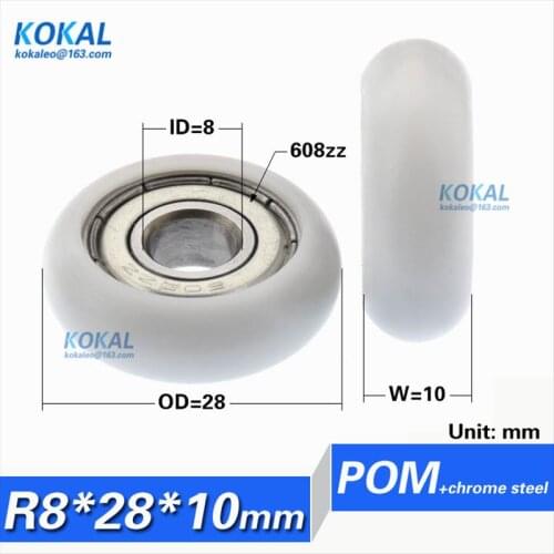 [R0828-10] 10PCS low noise 608zz ball bearing coated with PLASTIC POM roller wheel inner 8mm window door bearing pulley 8*28*10