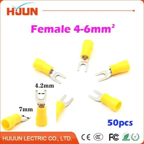 50pcs/lot SV5.5-6 Insulated Fork Wire Splice Connector Copper Electrical Cable Crimp Spade Terminal Cold Pressing 4-6mm2