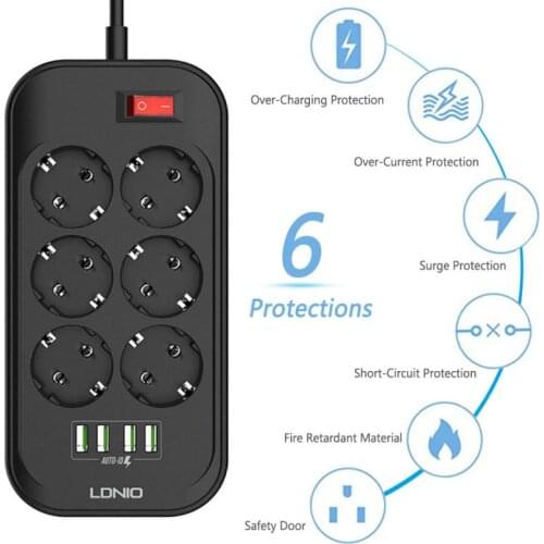 Home Outlet 6 EU Plug Smart Electrical Socket Extension Power Strip 3.4A 4 USB Charger Adapter 6 Outlet Surge Switch