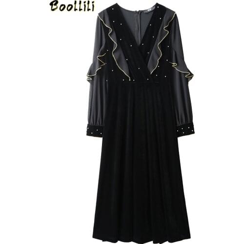 Boollili Vintage Elegant Velvet Dress Women Spring Long Sleeve Black Midi Dress 2020 Ladies Dresses Party Women Dress Vestidos