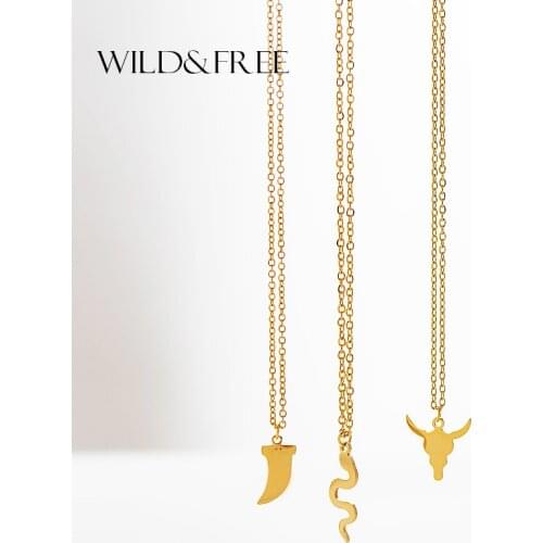 Wild&Free Ethnic Animal Pendant Necklace For Women Girl Cute Small Snake Ox Head Ivory Shape Pendant Necklaces S Steel Jewelry