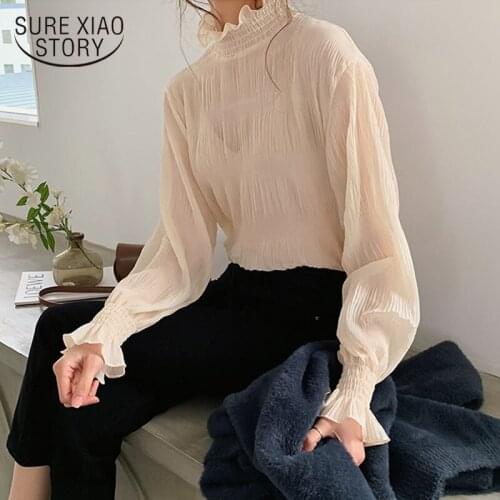 2021 Spring and Summer Long Sleeve Loose All-match Chiffon Shirts Women Tops Bell Sleeve Shirt Base Shirt Camisas Mujer 9542