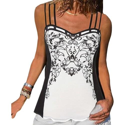 Womens All-match Open Back Tank Tops Slim Floral Print Spaghetti Strap Top Sexy Hollow Out Summer Sleeveless Ladies Tops D30