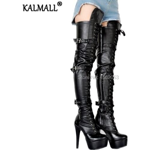 KALMALL Nightclub Sexy Fetish Runway Shoes Black White Red Burgundy Leather Thigh High Boots Buckled Lace Up Platform Long Boots