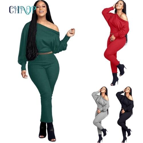Womens Solid Color Strapless Two-piece One-way Neck Long-sleeved Top And Trousers With Sexy Womens Suit Spring Autumn 2021