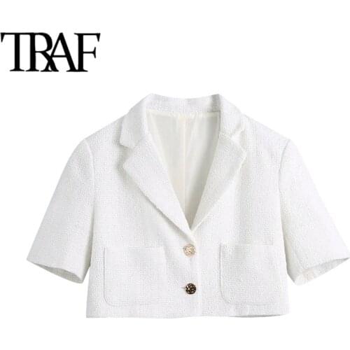TRAF Women Fashion Metal Button Tweed Cropped White Blazer Coat Vintage Short Sleeve Pockets Female Outerwear Chic Tops