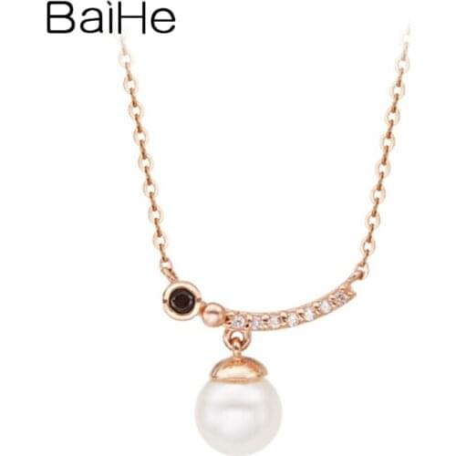BAIHE Solid 18K White/Yellow/Rose Gold 6mm Natural Freshwater pearl 0.03ct Diamonds Necklaces Women Gift Fine Jewelry Wedding