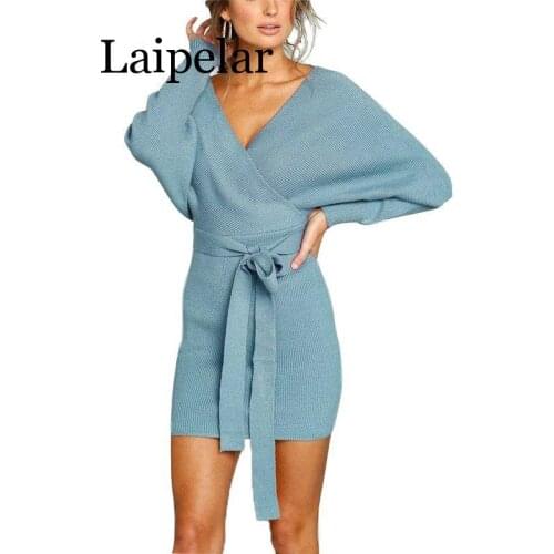 Laipelar women dress 2019 knitted mini dress autumn winter ladies sexy green sweater dress long sleeve vintage korean