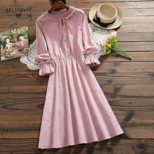 Mori Girl Blue Pink Vintage Dress Spring Autumn Women Long Sleeve Cotton Linen Lace-up Elegant Vestidos Female Jacquard Dresses