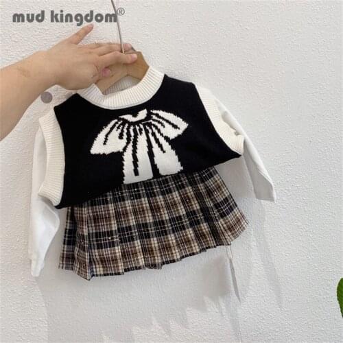 Mudkingdom Girls Skirt Set Bow Vest Sweater Long Sleeve Undershirts Plaid Pleated Skirts 3pcs Spring Autumn Outfits Kids Sets