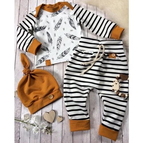 Fashion Baby 3pcs Set Infant Boy Girl Hot Sale Long-Sleeved Feather T shirt Tops Striped+Pants+Hat Winter Outfits Детский костюм
