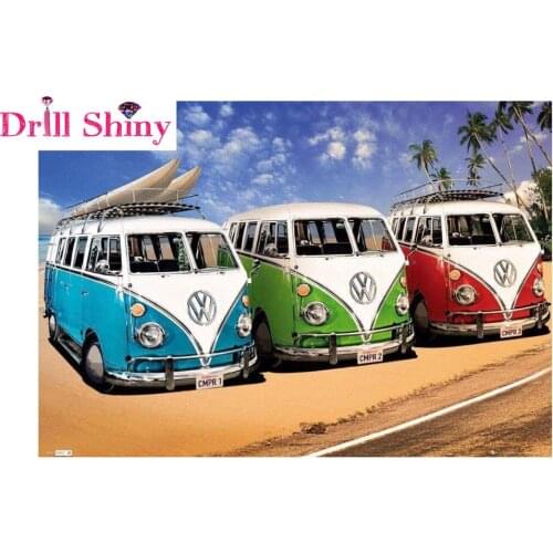 Drill Shiny DIY 5D Diamond Painting Bus Scenic Beach Square Beads Full Cross Stitch Diamond Embroidery Ocean Landscape Crafts