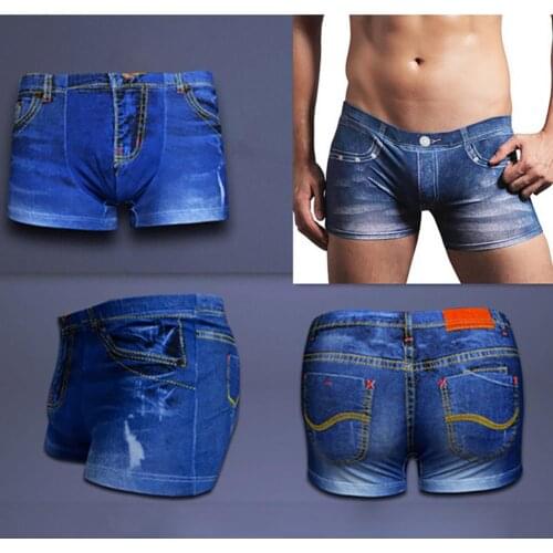 Mens Shorts Boxers Denim Pattern Fake Jeans Print Cotton Men Briefs Underwear Underpants Summer Male Sexy U Convex Pouch Boxer