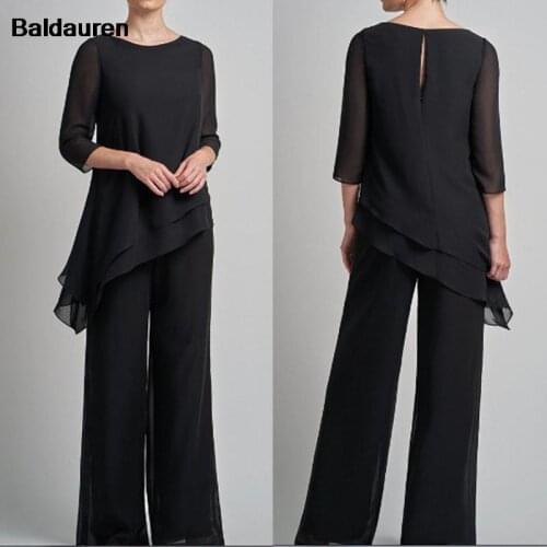 Elegant Black Mother of The Bride Dresses Half Sleeves Chiffon Robe De Soiree Pant Suit Plus Size Formal Dress for Wedding Party