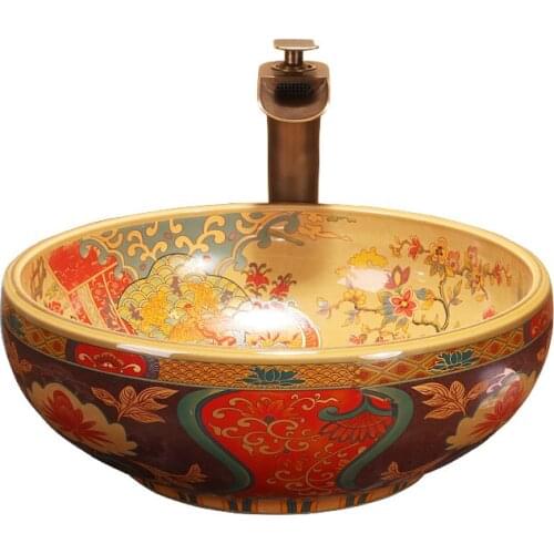 Porcelain Material Chinese Retro Style Pattern Art Ceramic Bathroom Sink