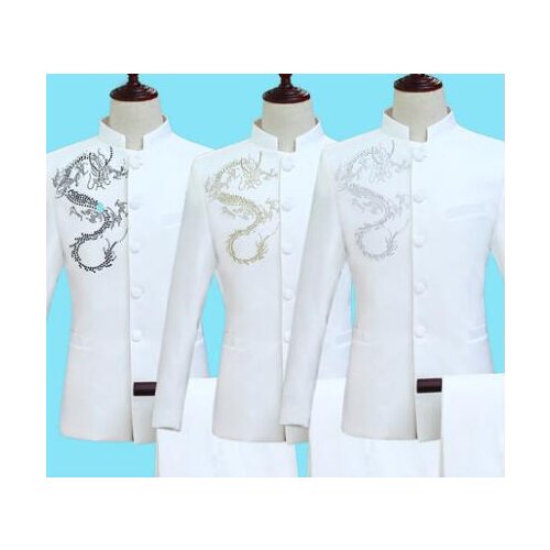 Singer star style dance stage clothing for men groom suit set with pants mens Chinese tunic suit Embroidery ragon formal dress