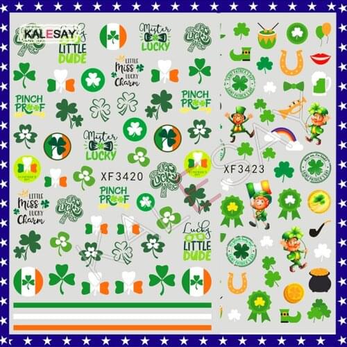 Green Clover Nail Stickers for Design Manicure Fire Elfin Love Back Glue Nail Art Sticker Decoration Flag Decals Cute Flame