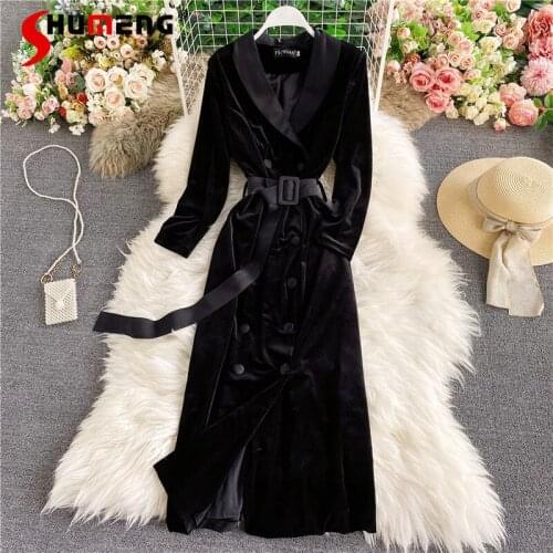2021 Autumn and Winter New Korean Tailored Collar Velvet Lace-up Waist-Controlled Slimming Mid-Length Trench Coat Womens Dress