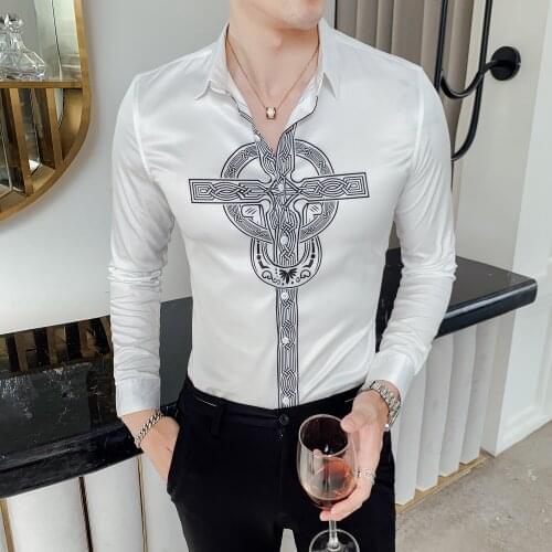 Fall 2019 Slim Long Sleeve Shirt Mens Slim Flower Shirt Cross Printing 2316 Black and White-P55