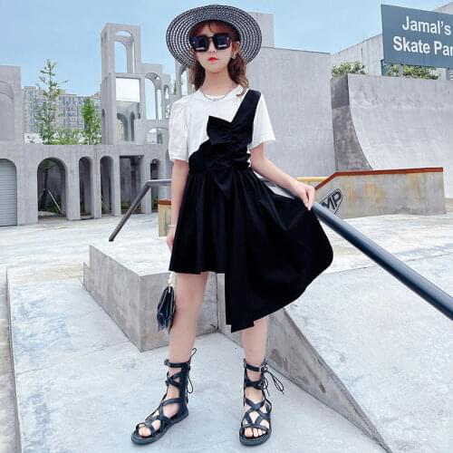 Girls Asymmetry Patchwork Dress Summer Kids Girls Short Sleeve Princess Dresses Teen Girls New Fashion Children Casual Clothing