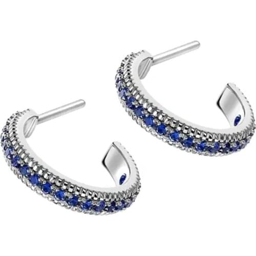 Huitan Luxury Inlay Blue Cubic Zirconia Hoop Earrings Simple Stylish Women Accessories Elegant Bridal Wedding Engagement Jewelry