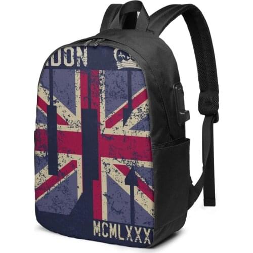 School Laptop Backpack Vintage London United Kingdom Flag 17 inch Travel Multi USB Charger Bag
