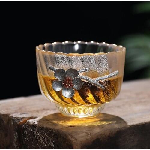 Heat Resistant teacup Carved tin glass Tea Cup Flower Tea Cuptransparent Teacup Small Tea Bowl Japanese Style Master Cup