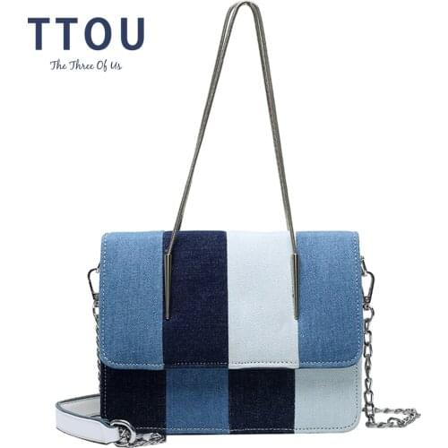 TTOU Denim Patchwork Women Shoulder Bag Fashion Chain Female Messenger Crossbody Bag Casual Flap Lady Handbgag Trend Bag