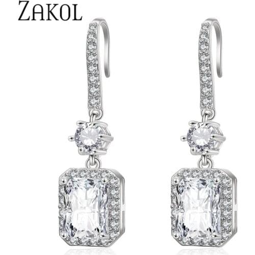 ZAKOL Trendy Zircons Top Quality Cubic Zircon Drop Hooks Earrings Big Square Stone Jewelry For Wedding Gift Accessories FSEP2047