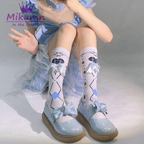 Japanese Lolita Sweet Bow Blue Plaid Cotton Knitted Socks Women Girls Knee Length Socks Cosplay