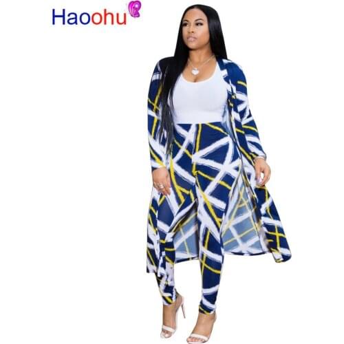Geometric Print Two Piece Tracksuit Women Long Sleeve Open Stitch And Skinny Pants Suits Casual Plus Size 2 Piece Matching Sets