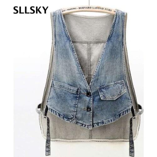 SLLSKY Casual Solid Denim Vest Women Single Breasted Sleeveless Waistcoat Female Jean Vest Spring Autumn Loose Plus Size Vest