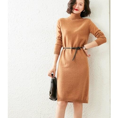 Winter Top Grade Women Dress Turtleneck 100% Goat Cashmere Knitted Dresses Ladies Plus Longer Jumpers Hot Sale Woman Dress