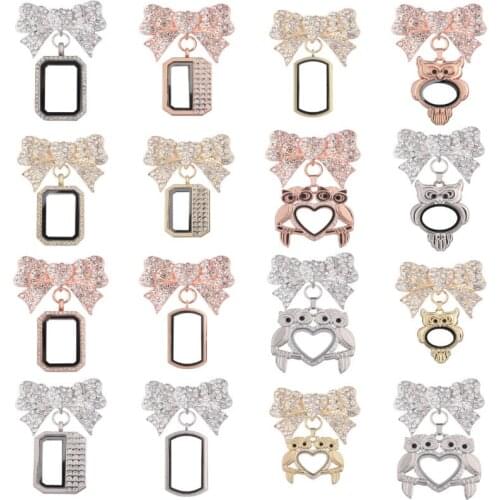 10Pcs Rrectangle Floating Locket Brooch Rhinestones Butterfly Bow Brooch With Owl Locket Broches Women Girls Jewelry Accessories