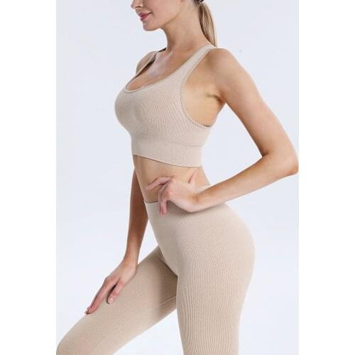 2Pcs/Set Tracksuit Women Running Shockproof Seamless Leggings Gym Clothing Ribbed Bra Gather Suit Female Elasticity Outfit