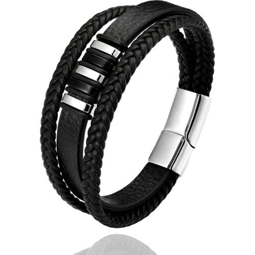 2020 Punk Bracelet Hand Weave 3 Black Leather Stainless Steel Magnetic Clasp Bangles Mens Bracelets Friendship Gift