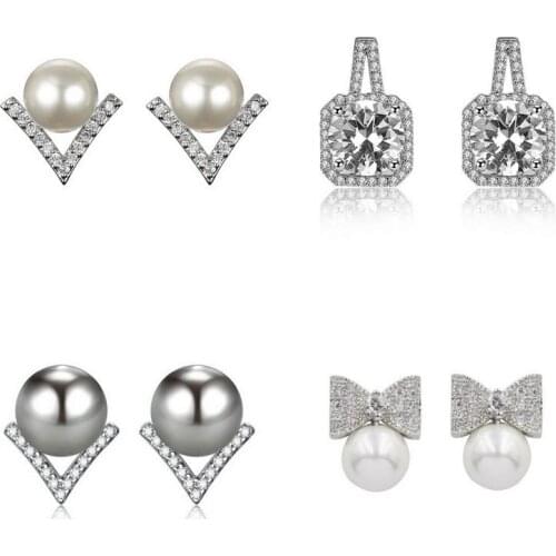 2020 Trendy Vintage Cute Bling Crystal Cubic Zircon Stud Earring Silver Plated For Women Pearl Brass Wedding Bridal Jewelry Gift